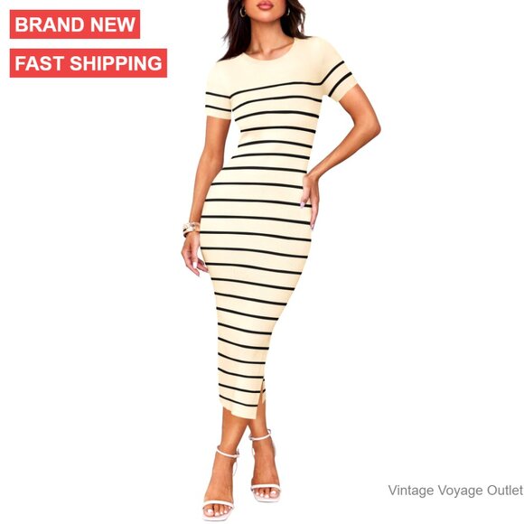 Women's Summer Bodycon Midi Dress Striped Short Sleeve Ribbed Knit Slim Fit